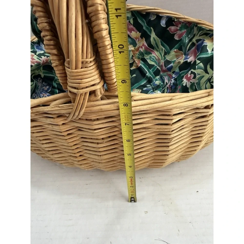 Wicker Picnic Storage Basket Long with Flip Open Lids, Carrying Handle Utensils